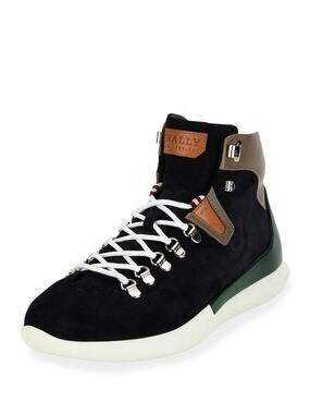 NIB BALLY AVYD NAVY BLUE SUEDE GRAY LEATHER LOGO TOP SNEAKERS 7.5 US 40.5 ITALY